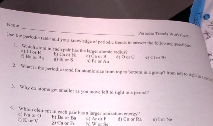 Worksheet on periodic trends with answers