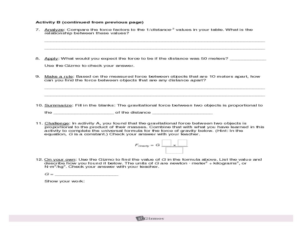 Gravitational force gizmo answer key