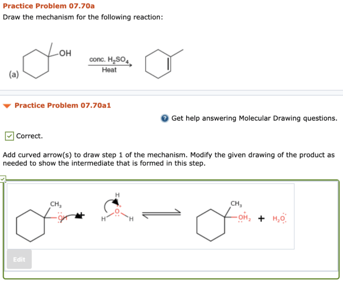 Add curved arrows to draw step 1 of the mechanism